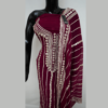 "Maroon Chafoon fabric outfit with intricate mirror work and gold thread embroidery in geometric and floral patterns, highlighting neckline, sleeves, and borders.